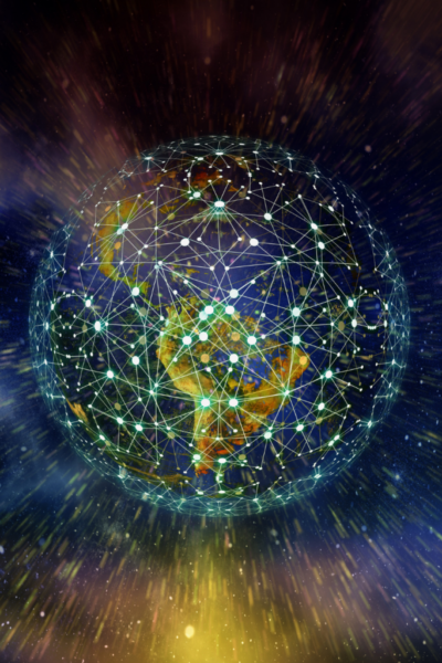 Digital illustration of a stylized Earth encased in a glowing network of interconnected nodes and lines, symbolizing a global communication network or the concept of a connected digital world.